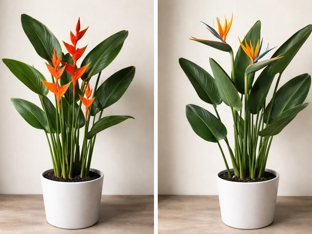 Side-by-side photo of Heliconia and Bird of Paradise plants in a minimal split layout.