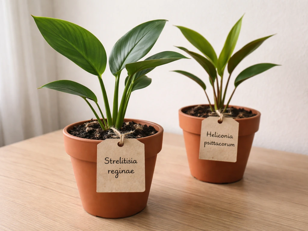 Two potted plants on a table with clear Latin name tags for quick identification.