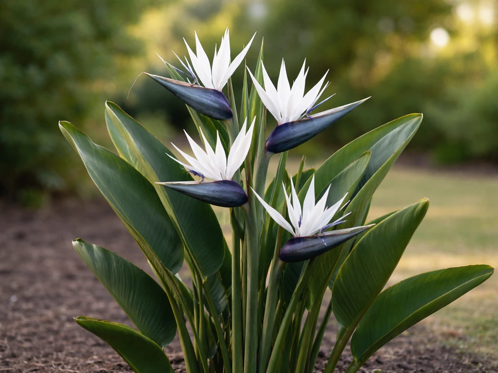 Tall Strelitzia nicolai with pale white flowers and blue-green bracts in a simple garden bed.