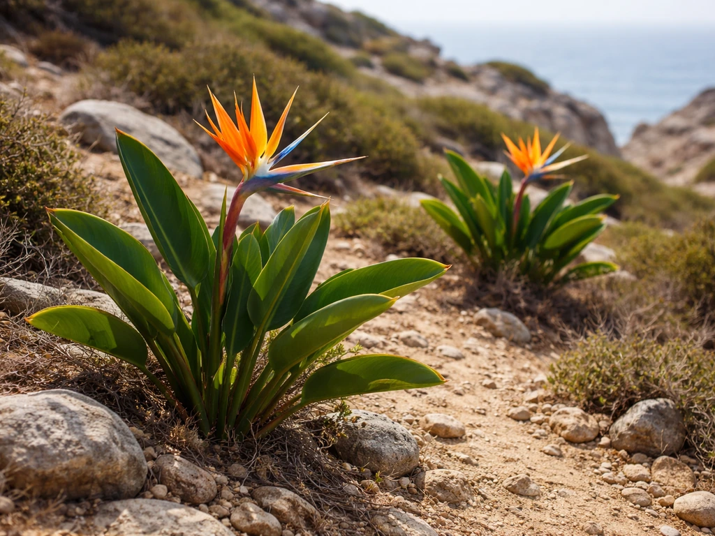 Orange-and-blue Strelitzia reginae flowers growing in a rocky coastal slope with scrubby vegetation.
