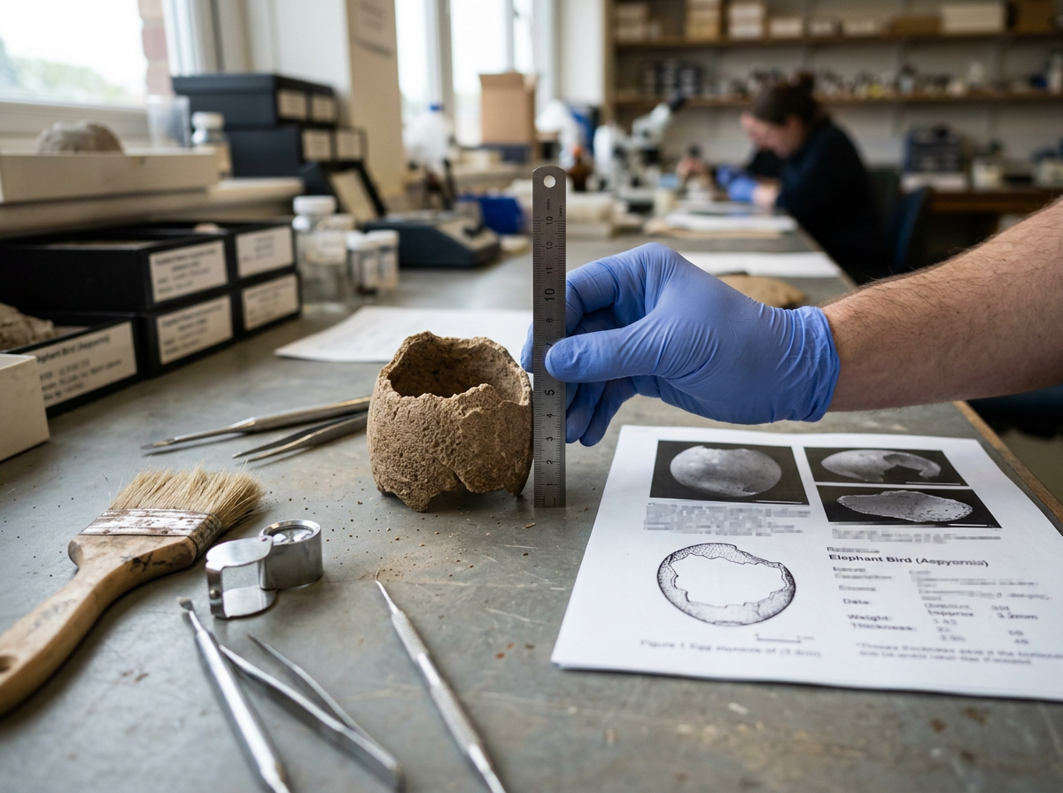 Side-by-side beak and leg comparison between elephant bird and ostrich (photo collage style without text)