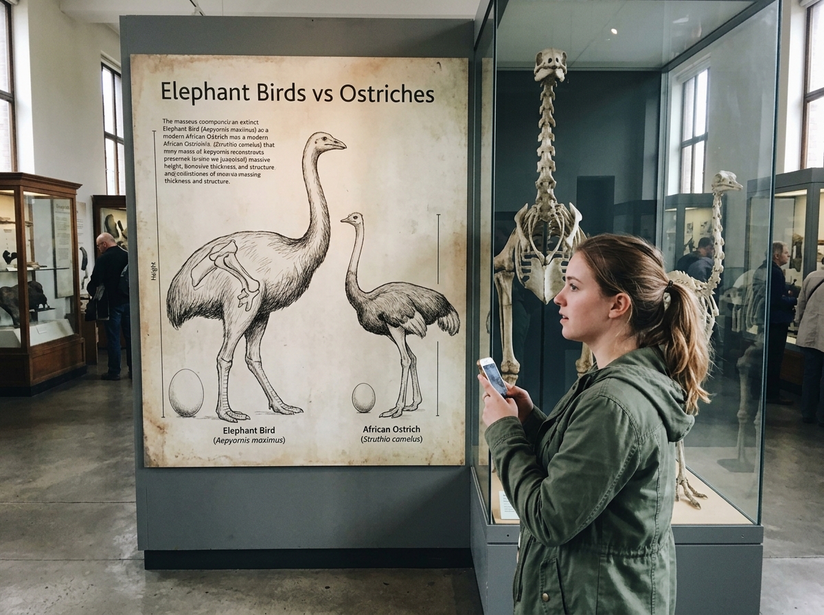 Decision framework: two specimen labels side-by-side without text—elephant bird eggshell vs ostrich egg (visual only)