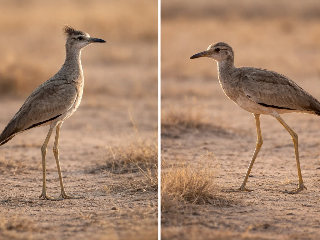 Split-screen of two birds on the ground with contrasting crests, bill shapes, and long legs for quick ID cues.