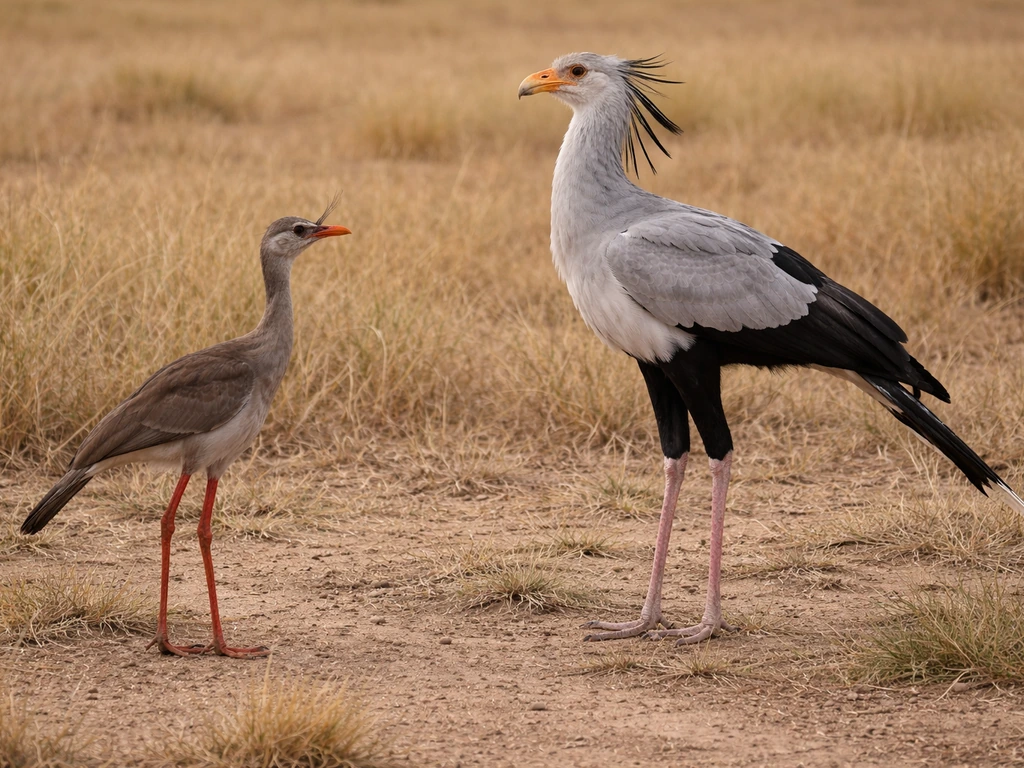 Side-by-side view of a smaller seriema-like bird and a taller secretary-bird-like bird showing size and bill differences