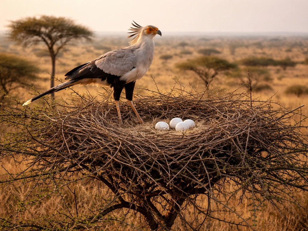 Secretary bird nest in a thorn tree with white eggs against a quiet savanna backdrop.