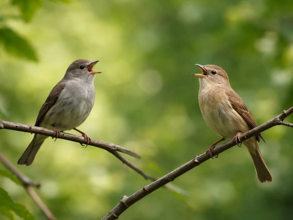 Minimal nature scene with two small birds perched, suggesting distinct calls without any text or graphics.