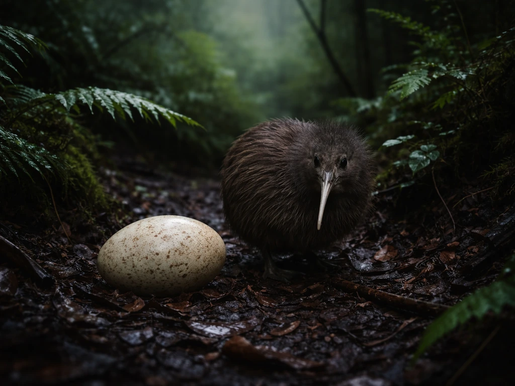 Kiwi bird in forest undergrowth next to an unhatched kiwi egg at dusk, minimal comparison scene.
