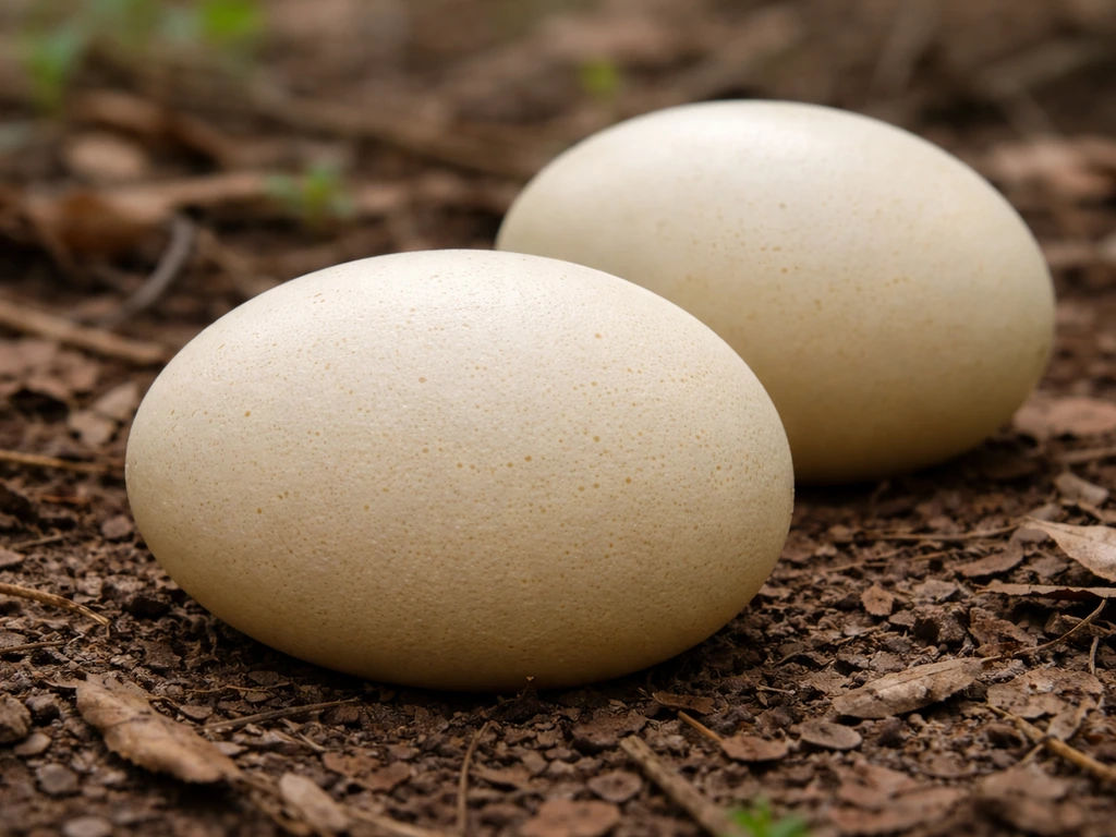 Two pale cream kiwi eggs on a forest floor, one in sharp focus and one softly blurred behind