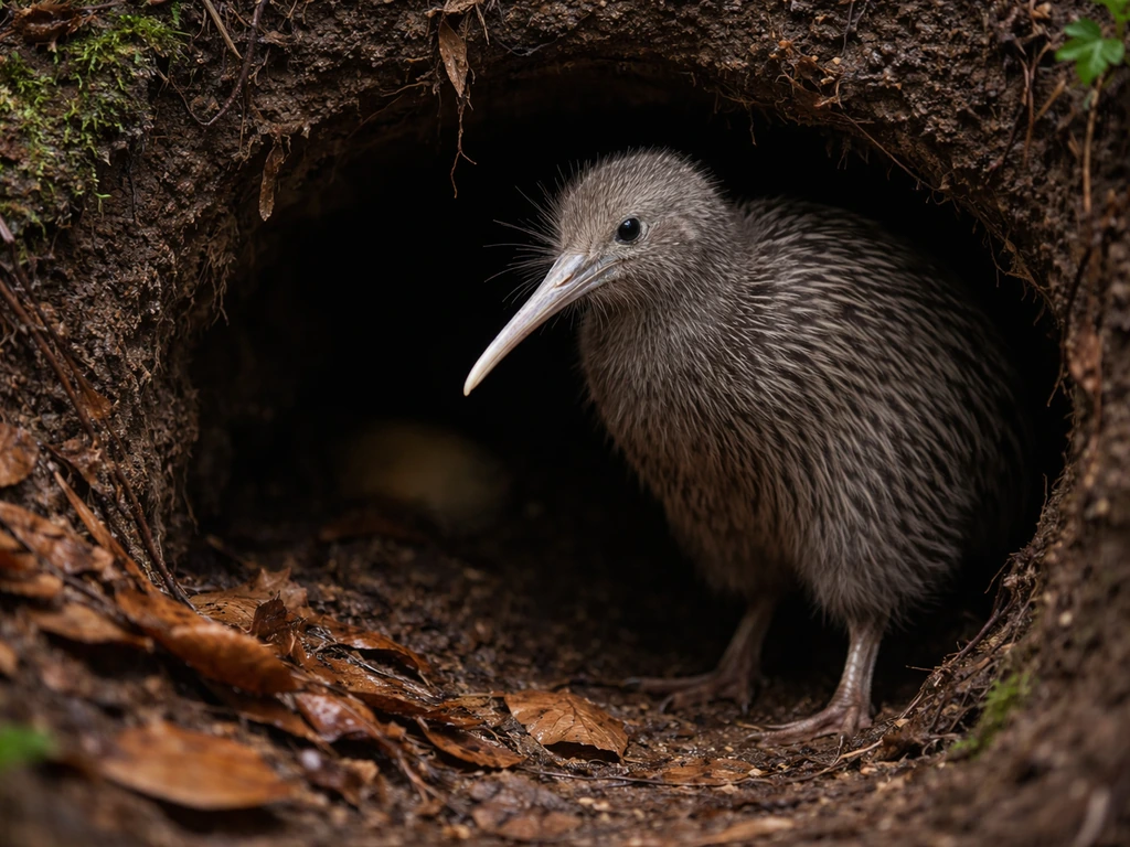 An adult kiwi near a dark burrow entrance with an egg implied inside the nest area