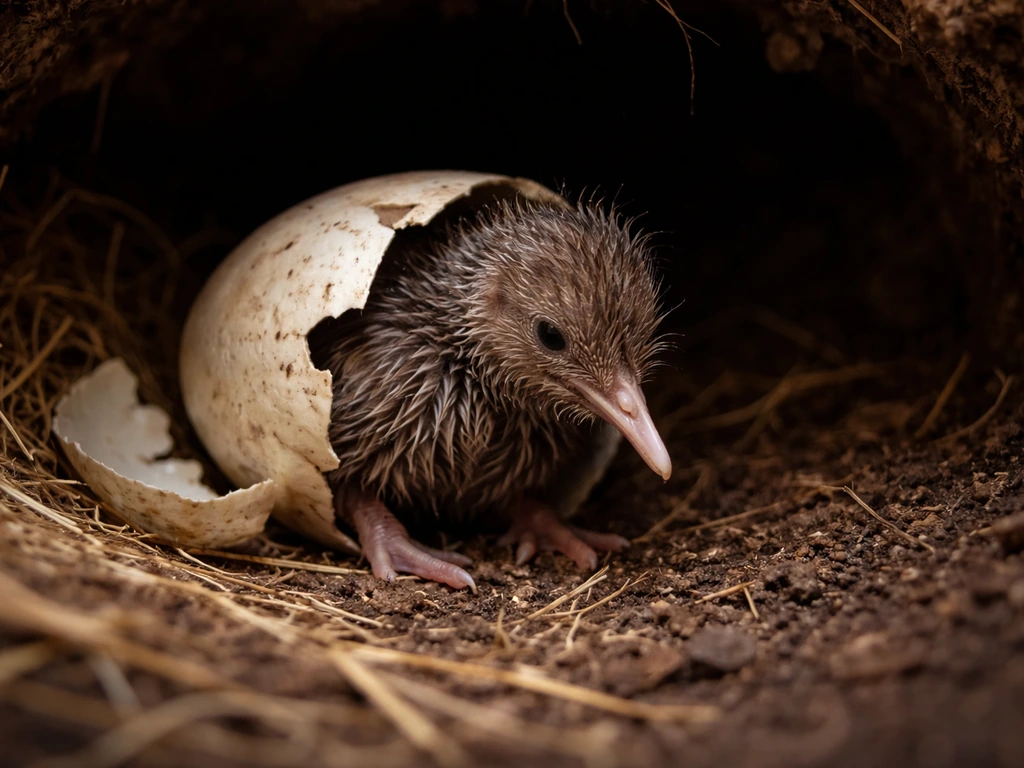 Kiwi chick just hatched, half-emerged from a shell in a dark burrow.