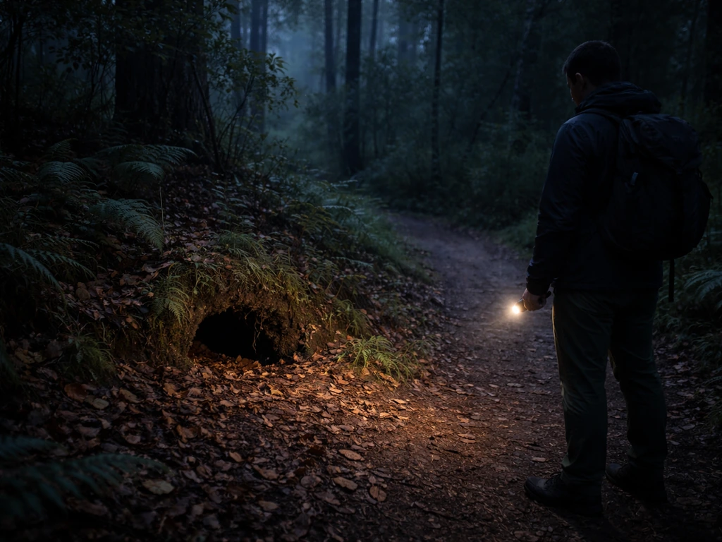 Person standing at a distance from a kiwi burrow entrance at night, observing quietly in natural light.