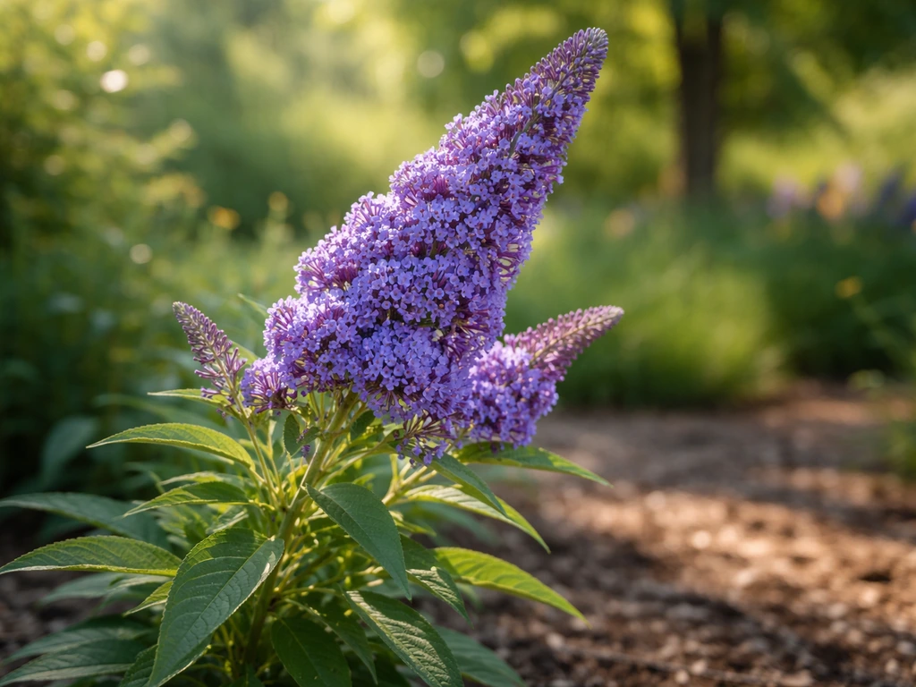 Sunlit buddleia butterfly bush with vivid purple-blue blooms in a calm garden setting