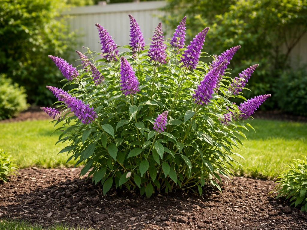 Buddleia shrub in bright full-sun garden bed with rich soil and clear spacing for airflow.