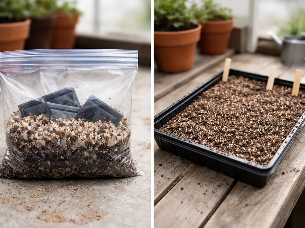 Split scene showing seeds covered for cold stratification left and sown in a tray right, minimal greenhouse bench.