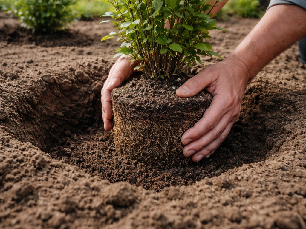 Hands lower a shrub root ball into a wide hole with loose soil around the roots.