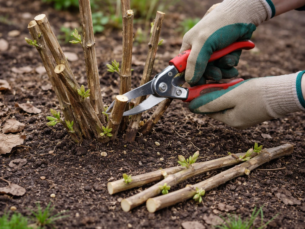 Hands pruning a Buddleia davidii shrub in early spring, cutting woody stems to encourage new growth.