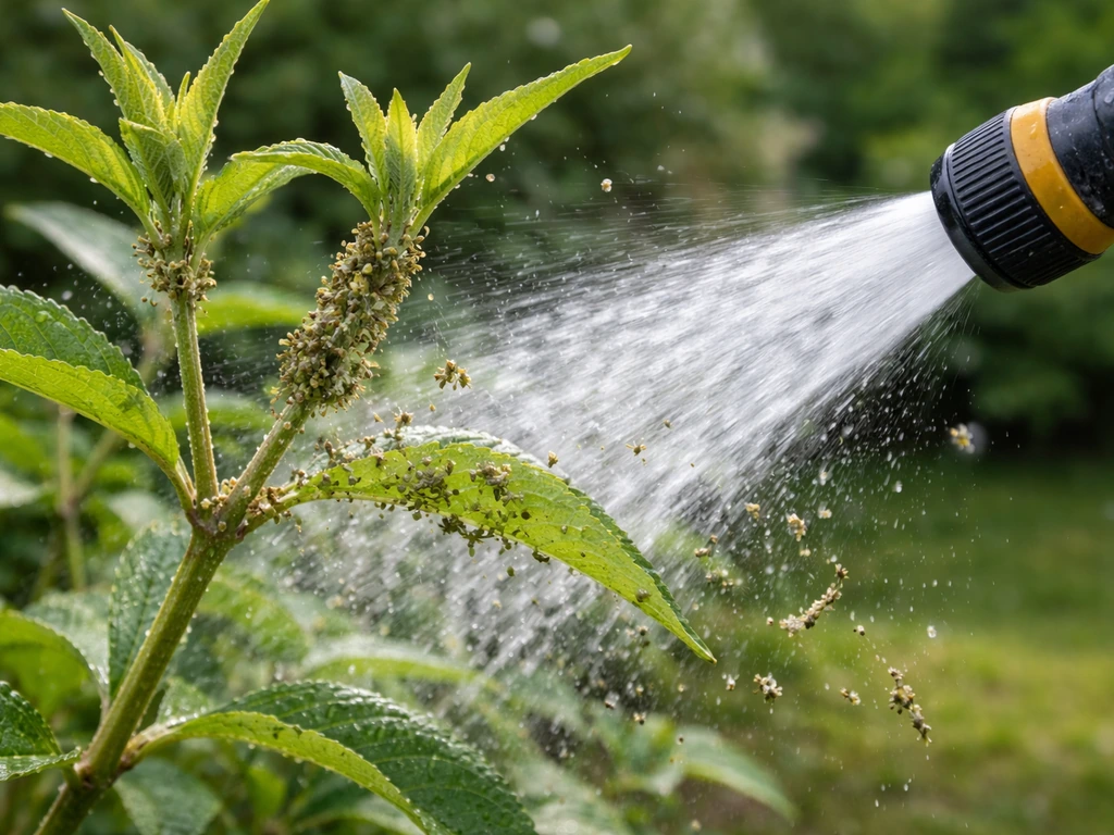 Aphids on new Buddleia growth as a strong garden hose stream blasts them off leaves.