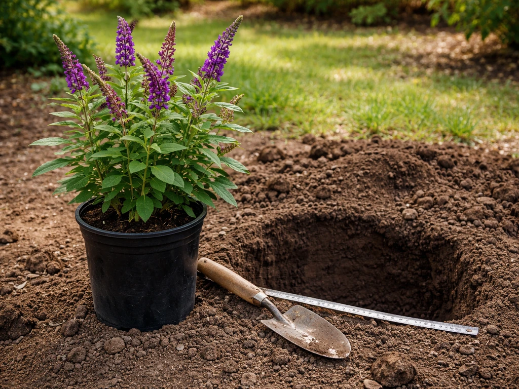 Potted nursery shrub beside a dug planting hole with a measuring tape to show planting depth.