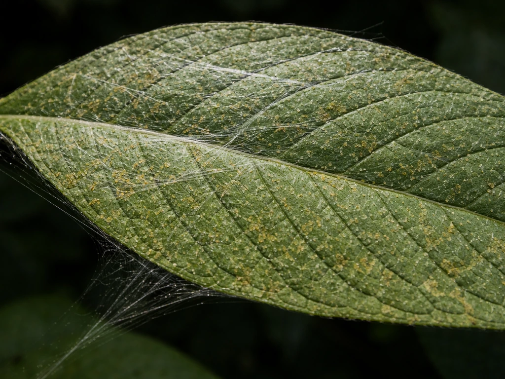 Close-up of butterfly bush leaf showing fine spider-mite webbing and stippled discoloration