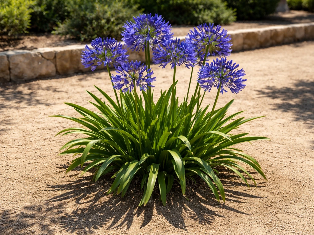 Agapanthus plant in bright full sun with visible flower heads in a garden bed