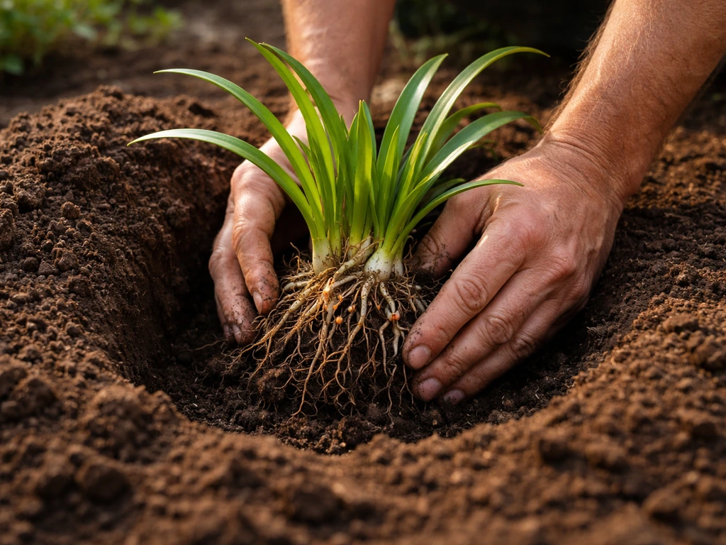 Gardener’s hands placing an agapanthus rhizome into a dug hole in well-prepared garden soil.