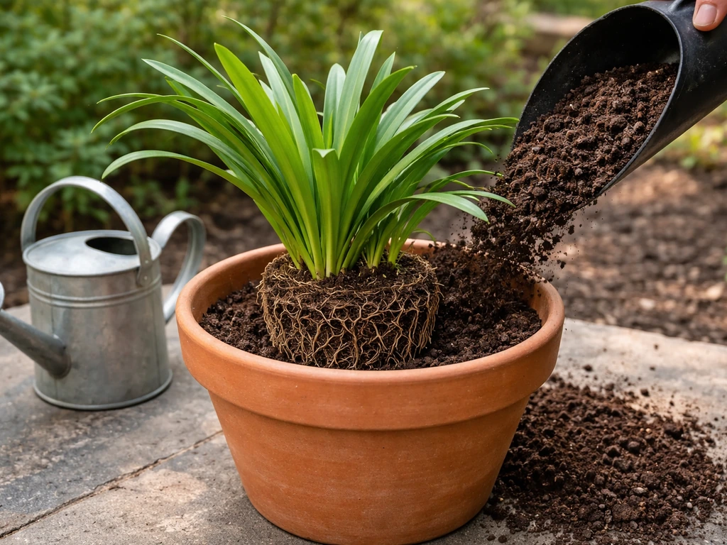 Agapanthus root ball in a slightly larger terracotta pot with potting mix and a watering can nearby.