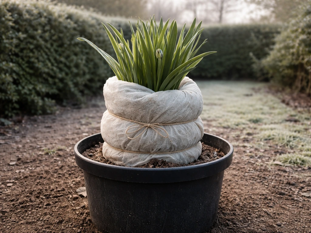 Agapanthus in a pot wrapped at the crown with layered fleece for UK winter frost protection.