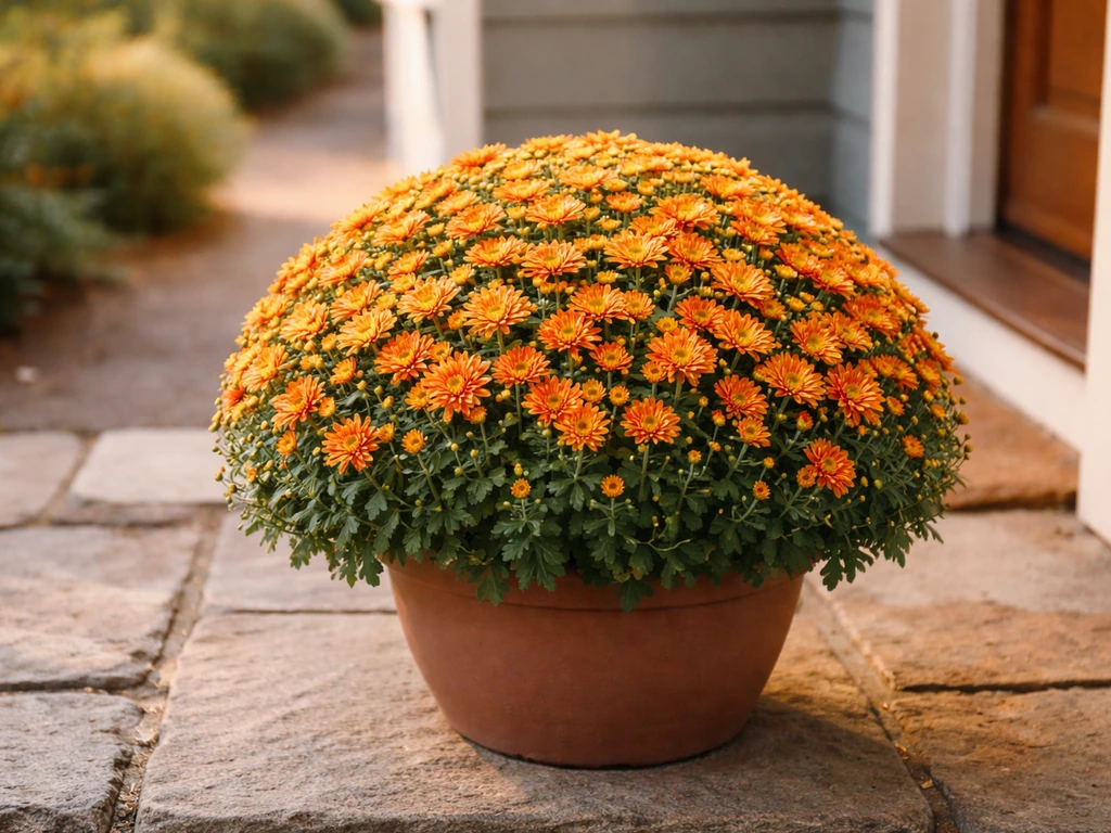 Lush dome-shaped potted mum in full bloom on a patio doorstep, vibrant flowers and healthy green foliage.