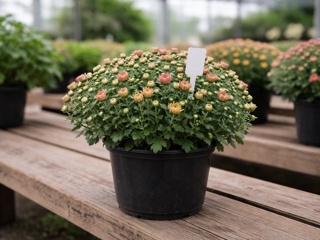 Close view of healthy potted mums in late-summer at a nursery, showing tight buds and compact growth.