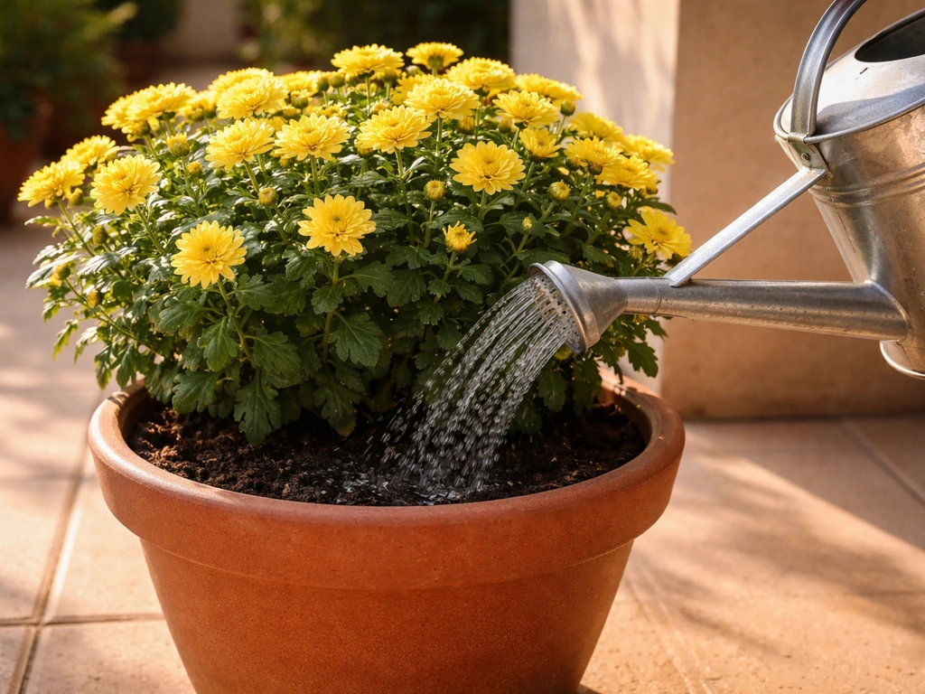Potted mum in direct sun with watering can at the base, showing a careful watering routine