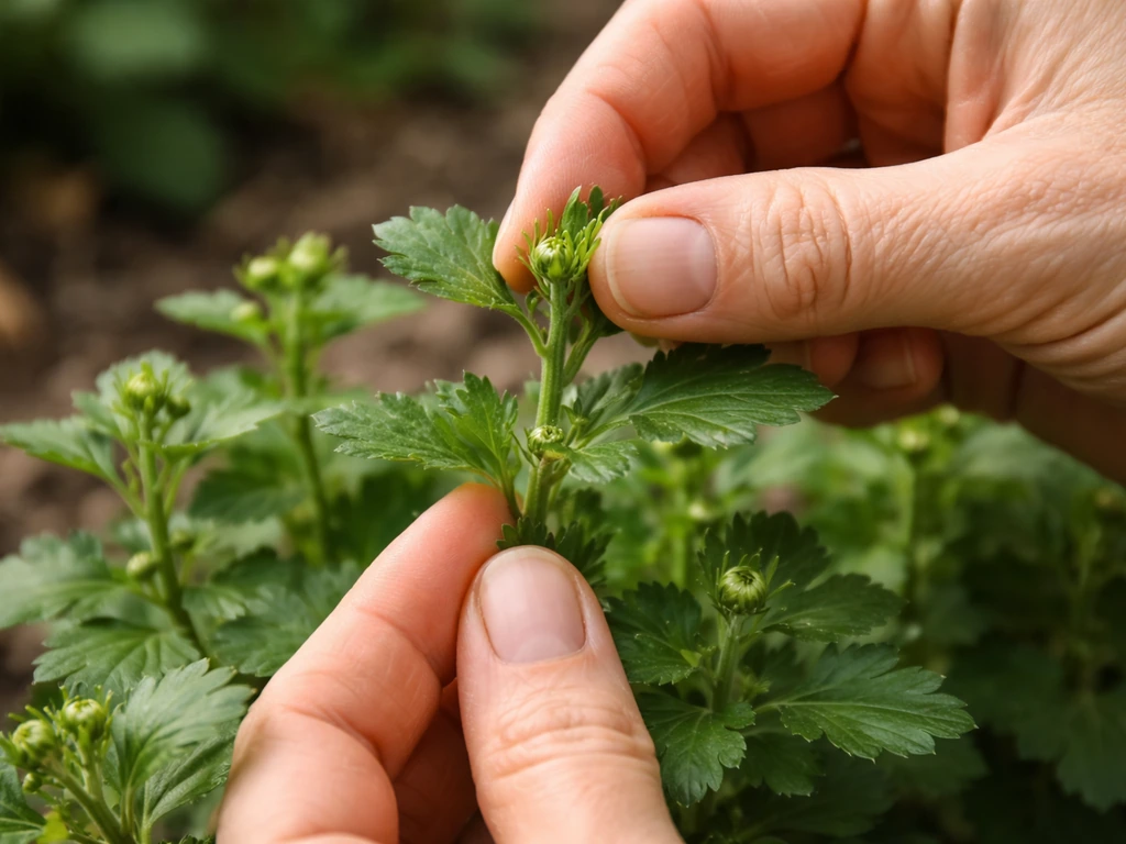 Gardener hands pinch and snip mum stem tips to force branching, close-up in natural garden light