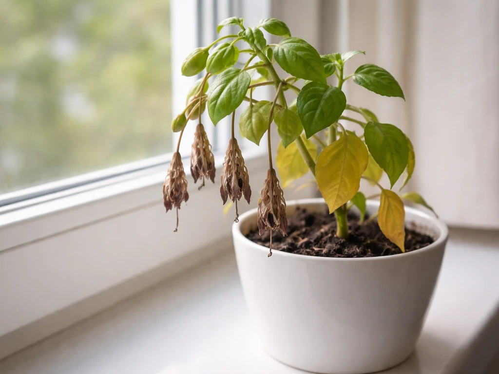 Potted flowering plant with drooping buds and yellow lower leaves, contrasted with greener upper growth.