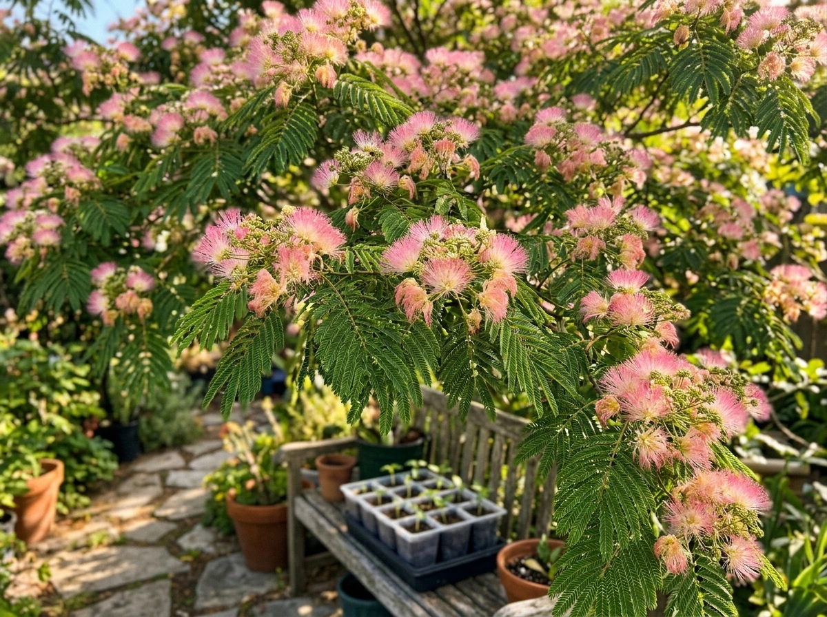 Blooming mimosa evo tree with pink flowers and hints of the seed-starting stage in the background