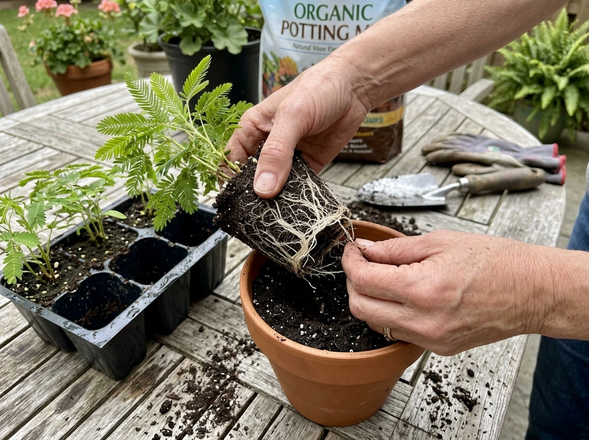 Transplanting mimosa evo seedlings from cell pack into a new pot