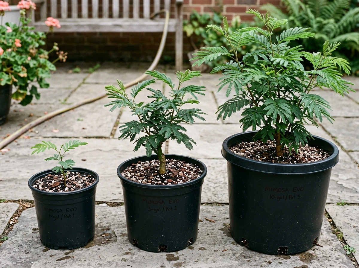 Step-up container sizes for mimosa evo growth from smaller to larger pots