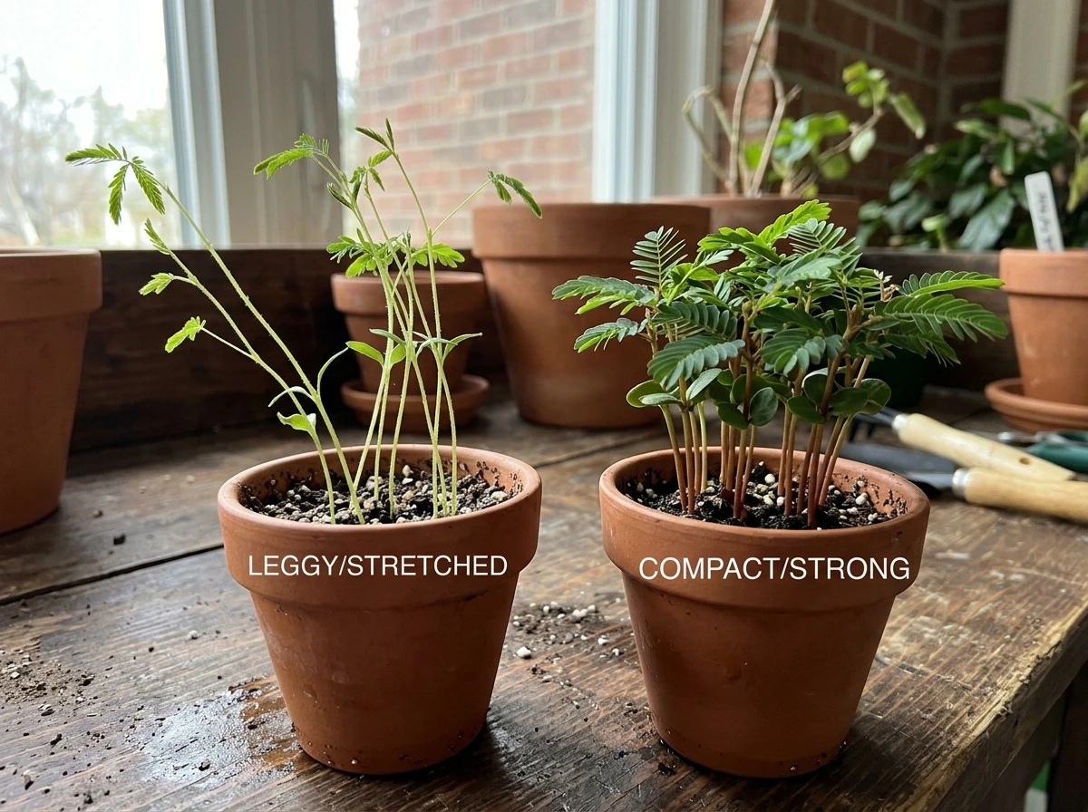 Side-by-side leggy vs compact mimosa evo seedlings showing the light issue