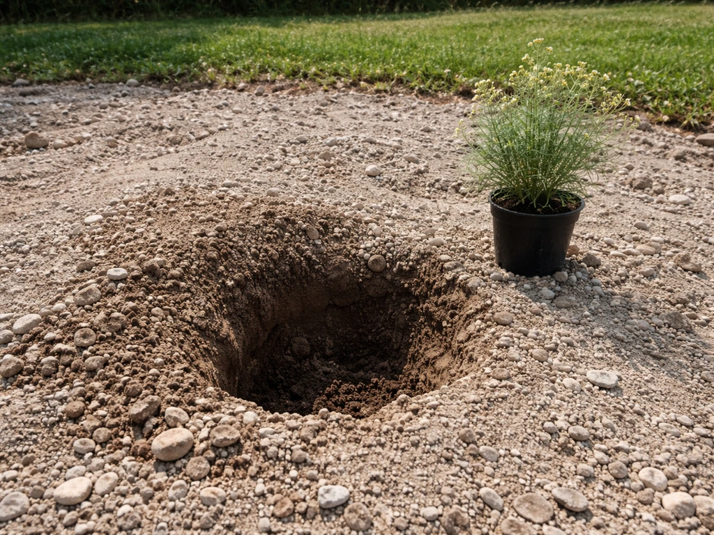 Single gypsophila paniculata seedling by a gritty, stony planting hole in sunny alkaline-friendly soil.