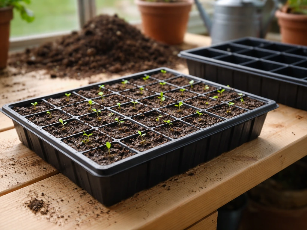 Seed tray with germinating gypsophila seedlings in individual cells, ready to transplant, natural light.