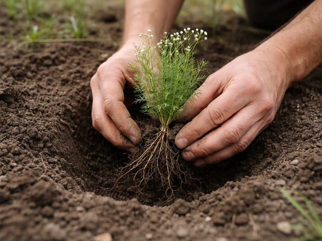 Hands gently placing a small gypsophila plant into a prepared hole, keeping bare roots undisturbed