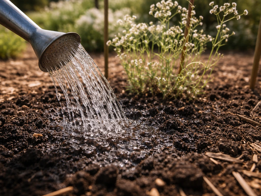 Close-up watering can pouring water at soil level for sparse gypsophila, sunny garden with stakes behind.