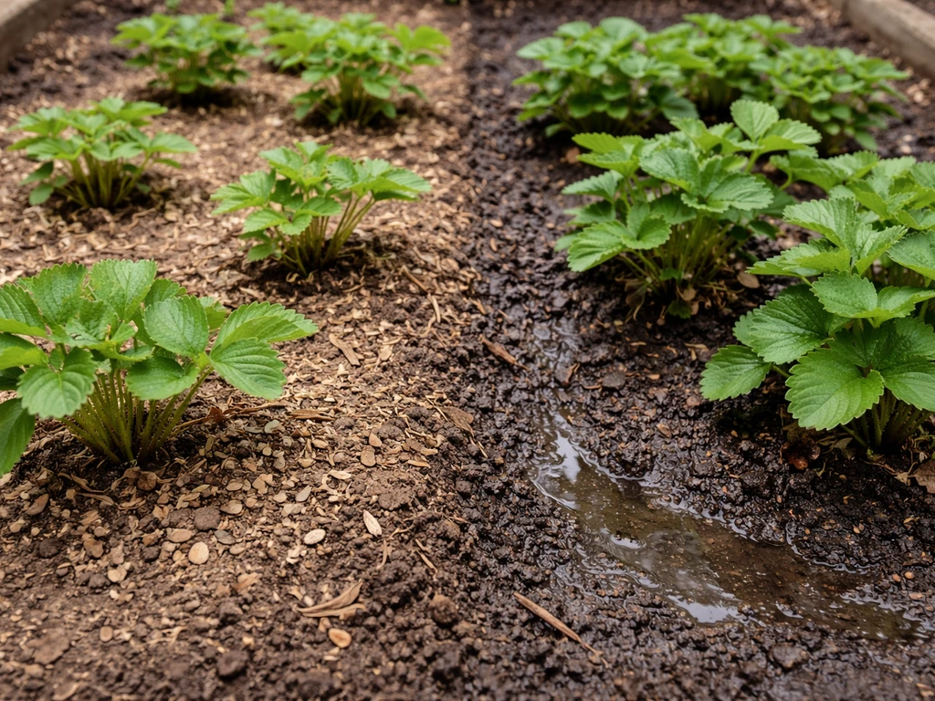 Garden bed split into dry, well-spaced plants vs a wetter, darker soil area near crowns.