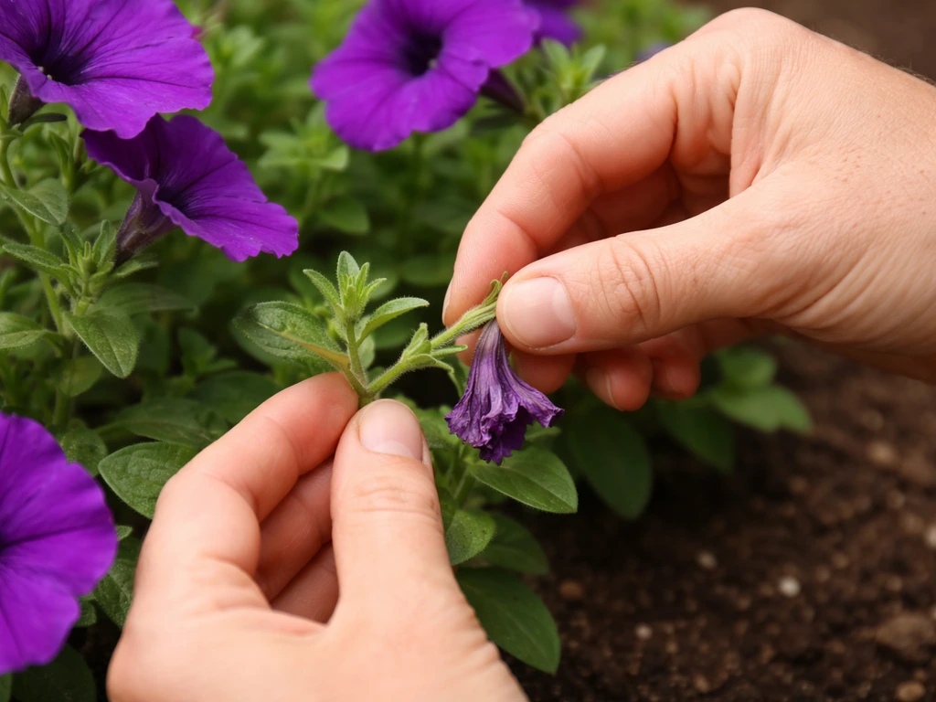 Close-up of hands deadheading a petunia by pinching off a spent flower at the base of the stem