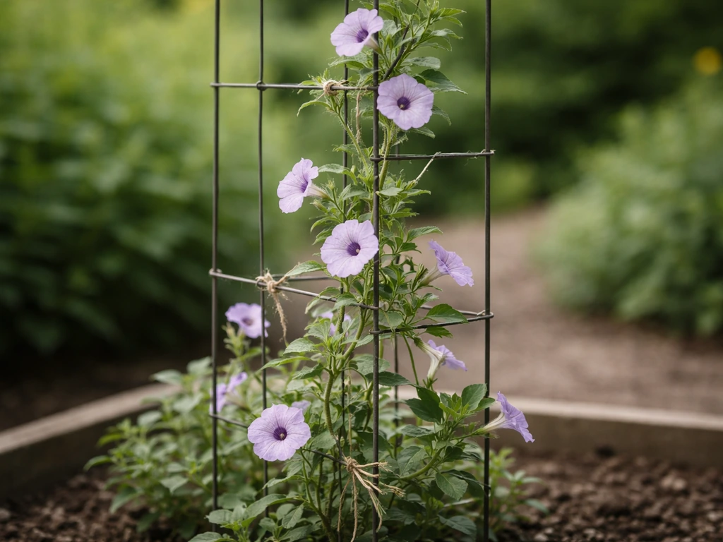 Climbing petunia vines loosely tied to a small wire trellis in soft natural light