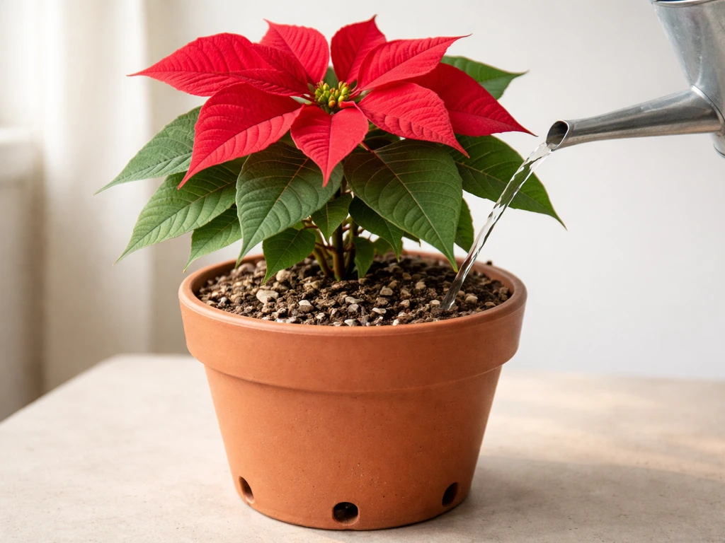 Poinsettia in a terracotta pot with drainage holes, well-draining soil and a watering can nearby.