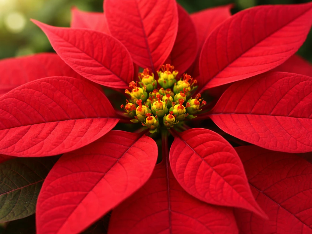 Close-up of a poinsettia showing tiny yellow-green flowers in the center and red bracts around them.