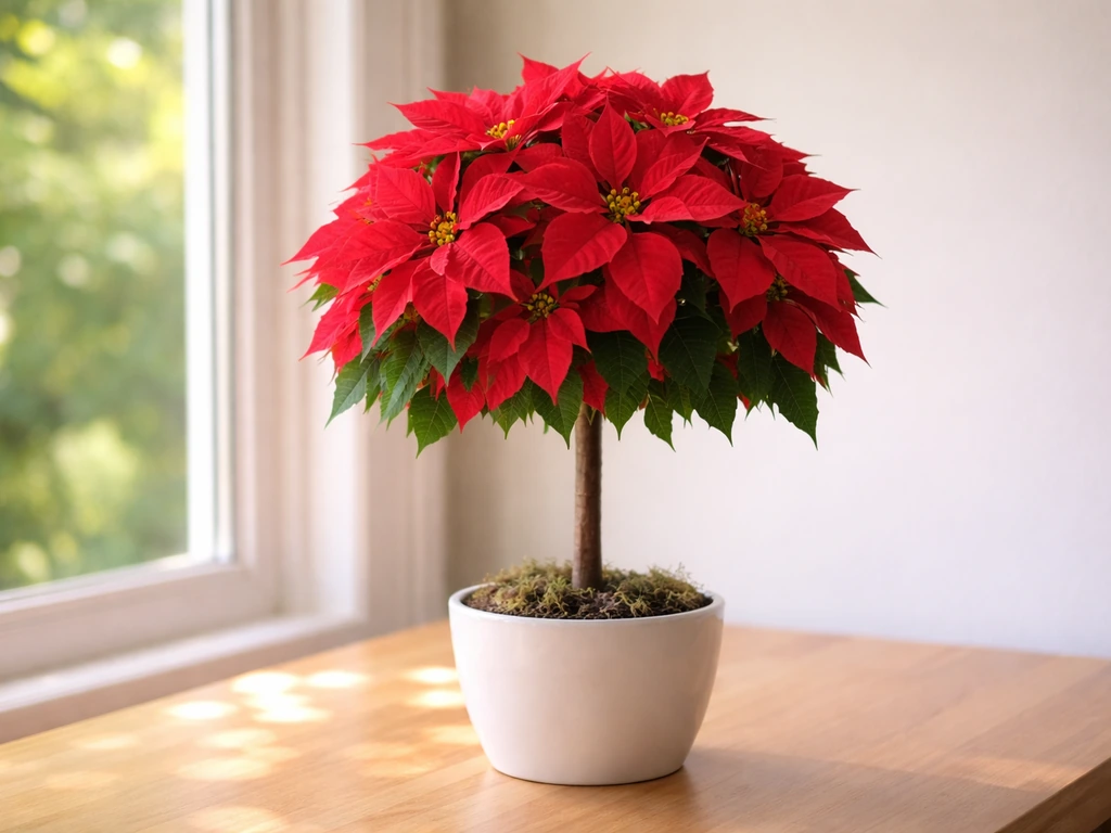Finished poinsettia tree with one central trunk and a rounded crown of red bracts in a pot.
