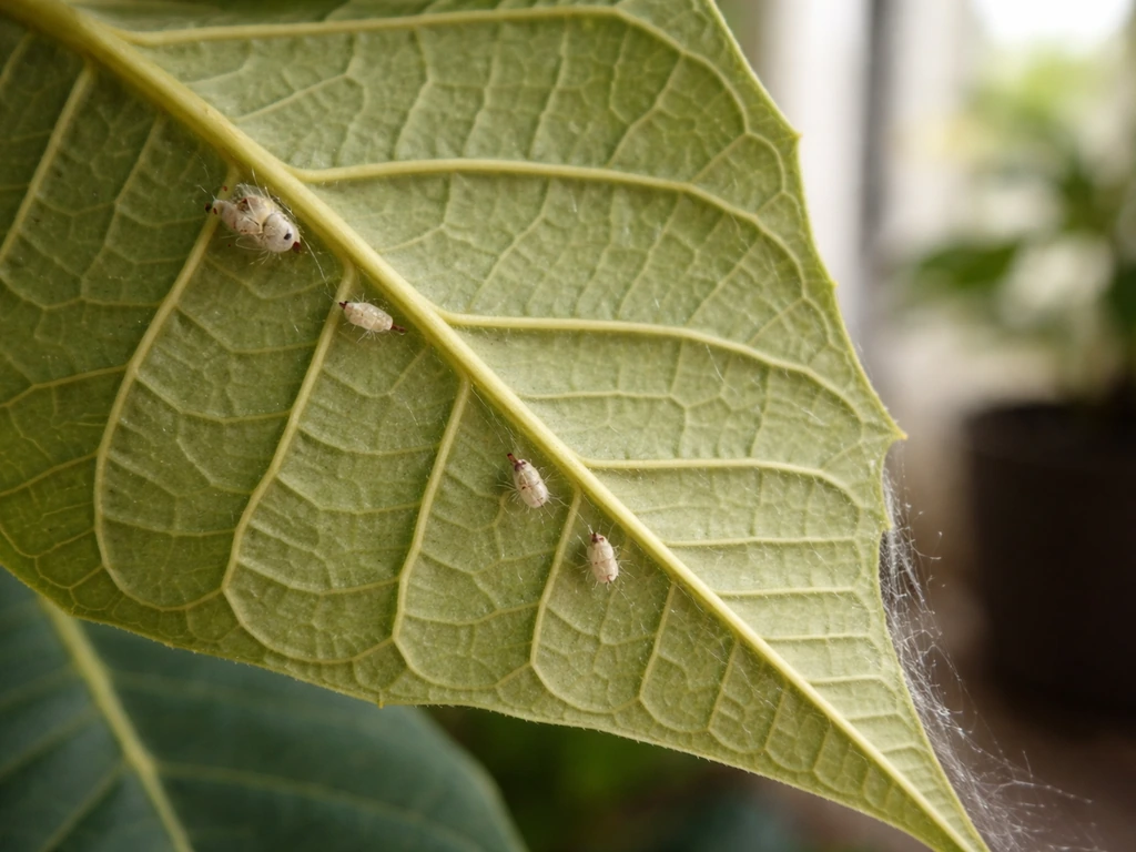 Close-up of poinsettia leaf underside with small pests and slight webbing, showing an inspection surface.