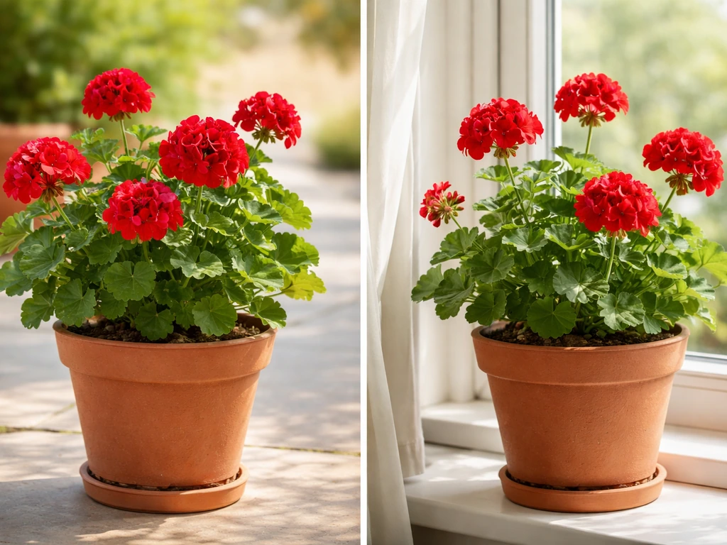 Vibrant red geraniums on a sunny patio and a bright windowsill in simple pots with fresh soil.