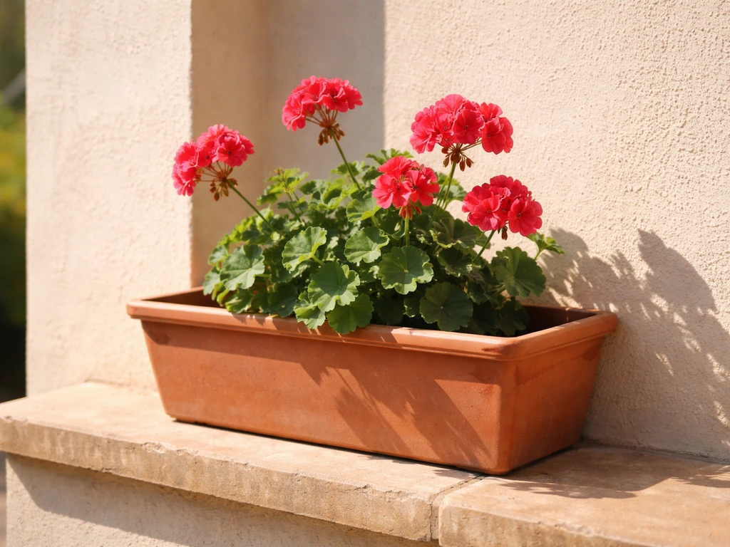 Pelargonium in a south-facing window box basking in strong sunlight on a patio.