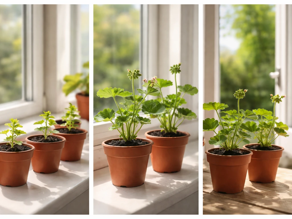 Warm indoor windowsill with pelargonium seedlings, showing taller growth and budding toward blooms.